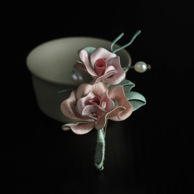 Nimara Ritual Handcrafted Silk Art Twin Rose Flower Blessing Harmony Brooch