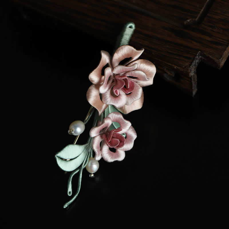 Nimara Ritual Handcrafted Silk Art Twin Rose Flower Blessing Harmony Brooch