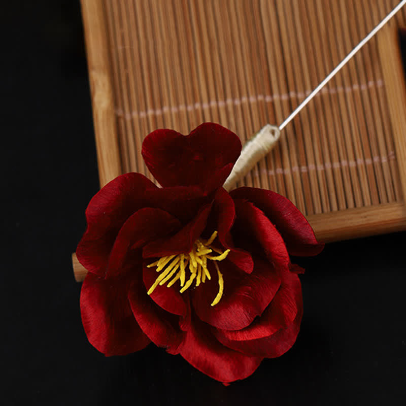 Nimara Ritual Cultural Heritage Handcrafted Silk Art Red Camellia Blessing Sincerity Brooch