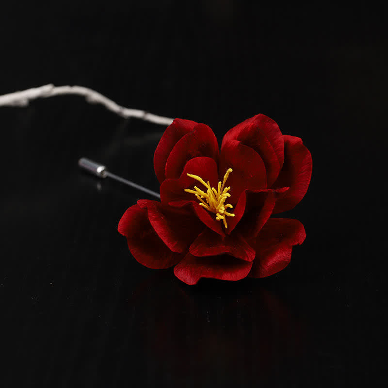 Nimara Ritual Cultural Heritage Handcrafted Silk Art Red Camellia Blessing Sincerity Brooch