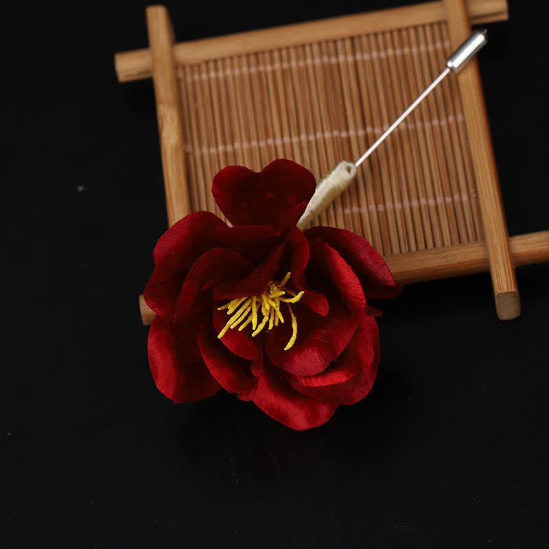 Nimara Ritual Cultural Heritage Handcrafted Silk Art Red Camellia Blessing Sincerity Brooch