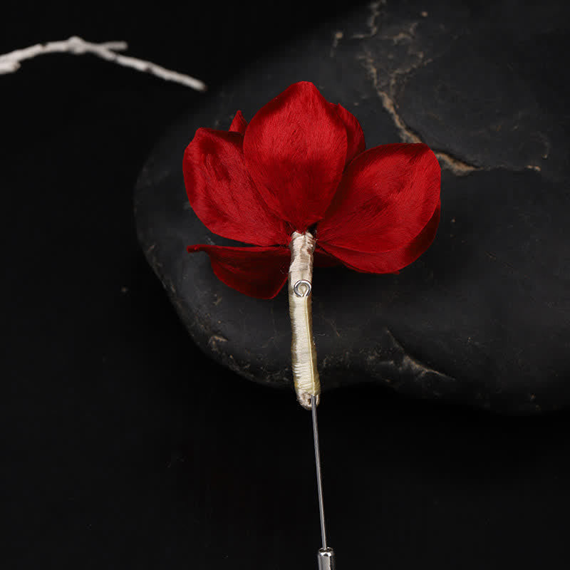 Nimara Ritual Cultural Heritage Handcrafted Silk Art Red Camellia Blessing Sincerity Brooch