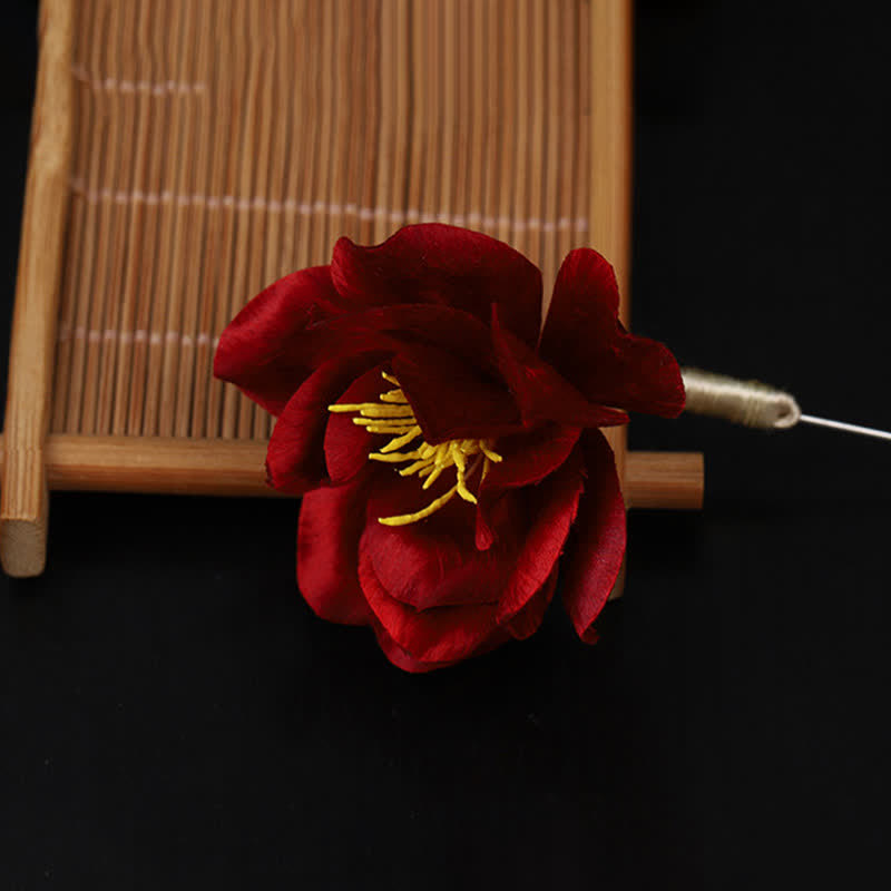 Nimara Ritual Cultural Heritage Handcrafted Silk Art Red Camellia Blessing Sincerity Brooch
