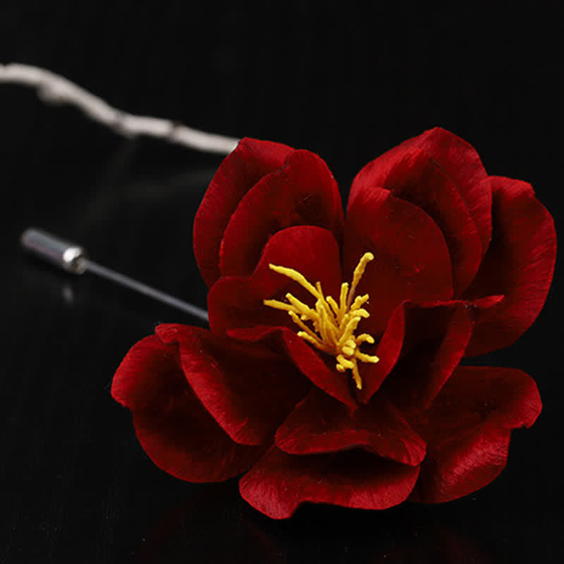 Nimara Ritual Cultural Heritage Handcrafted Silk Art Red Camellia Blessing Sincerity Brooch