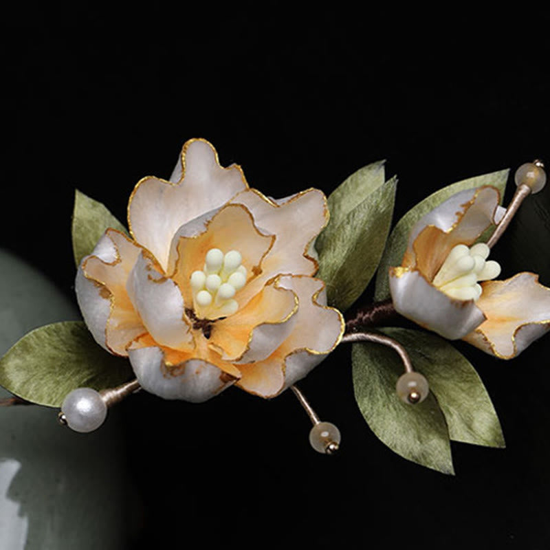 Nimara Ritual Handcrafted Silk Art Golden Peony Flower Good Fortune Brooch
