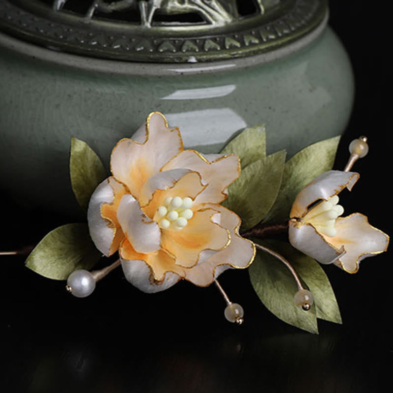 Nimara Ritual Handcrafted Silk Art Golden Peony Flower Good Fortune Brooch