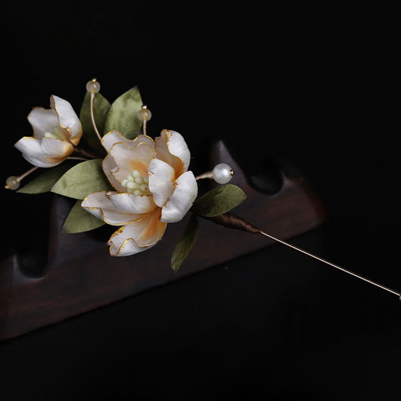 Nimara Ritual Handcrafted Silk Art Golden Peony Flower Good Fortune Brooch