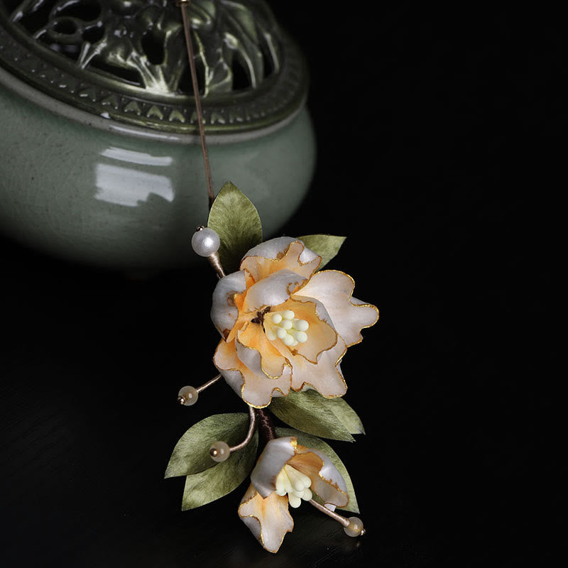 Nimara Ritual Handcrafted Silk Art Golden Peony Flower Good Fortune Brooch