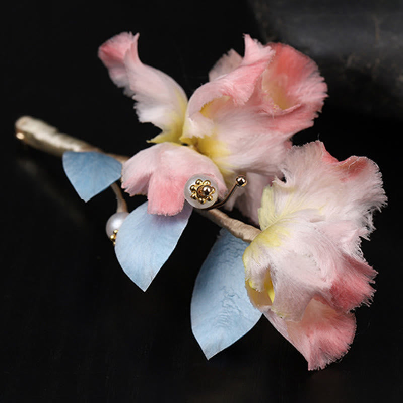 Nimara Ritual Handcrafted Silk Art Pink Iris Flower Protection Brooch