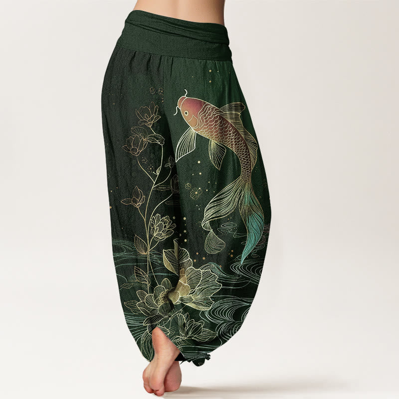 Nimara Ritual Lotus Koi Fish Pattern Women's Elastic Waist Pure Cotton Harem Pants