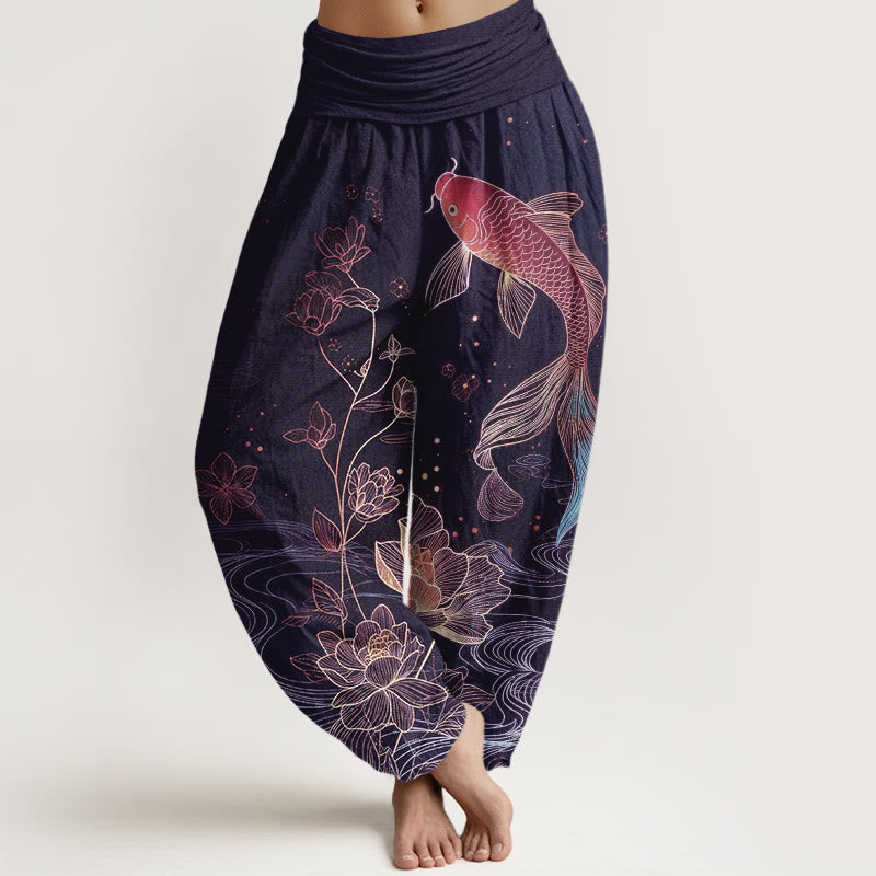 Nimara Ritual Lotus Koi Fish Pattern Women's Elastic Waist Pure Cotton Harem Pants