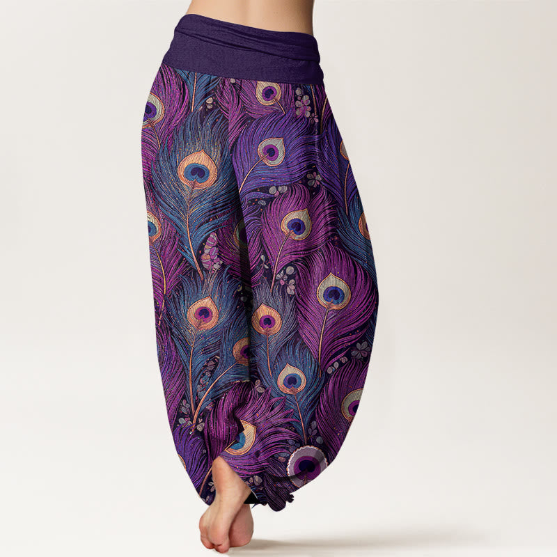 Nimara Ritual Peacock Feathers Pattern Pure Cotton Women's Elastic Waist Harem Pants