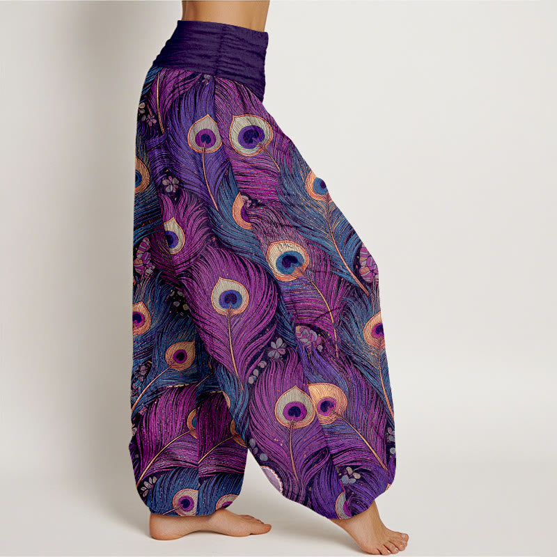 Nimara Ritual Peacock Feathers Pattern Pure Cotton Women's Elastic Waist Harem Pants