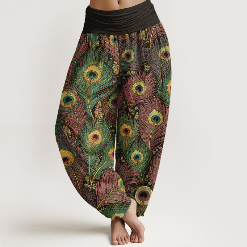 Nimara Ritual Peacock Feathers Pattern Pure Cotton Women's Elastic Waist Harem Pants