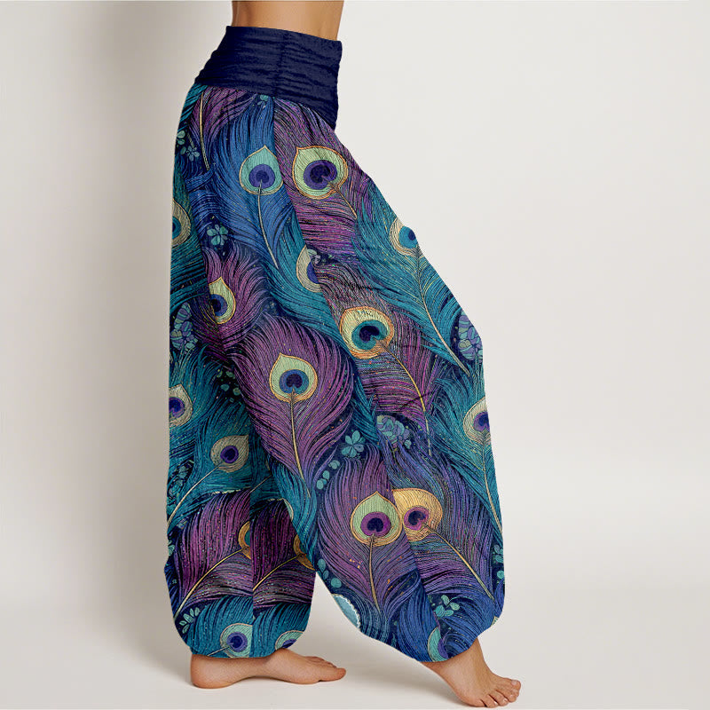 Nimara Ritual Peacock Feathers Pattern Pure Cotton Women's Elastic Waist Harem Pants