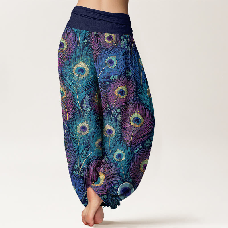 Nimara Ritual Peacock Feathers Pattern Pure Cotton Women's Elastic Waist Harem Pants