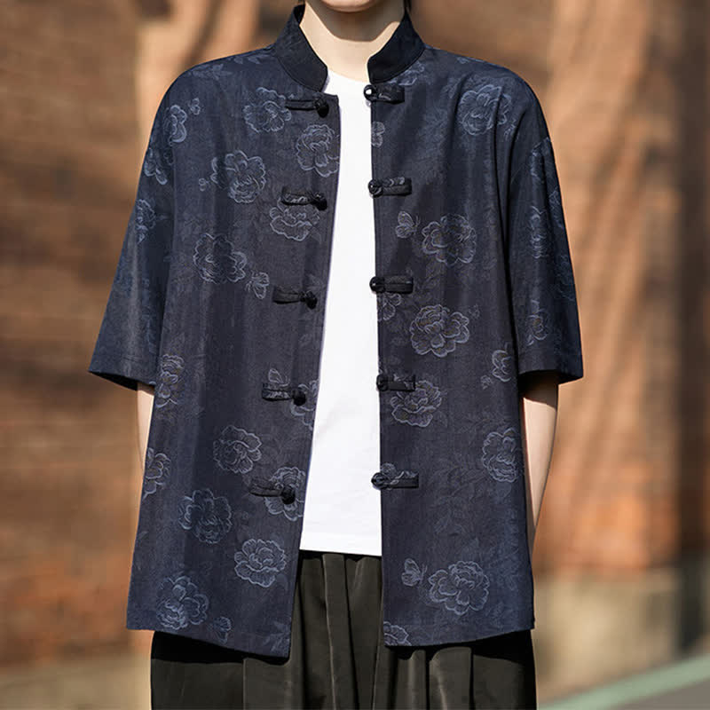 Nimara Ritual Retro Frog Buttons Mandarin Collar Floral Jacquard Men's Short Sleeve Shirt