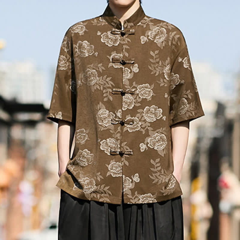 Nimara Ritual Retro Frog Buttons Mandarin Collar Floral Jacquard Men's Short Sleeve Shirt