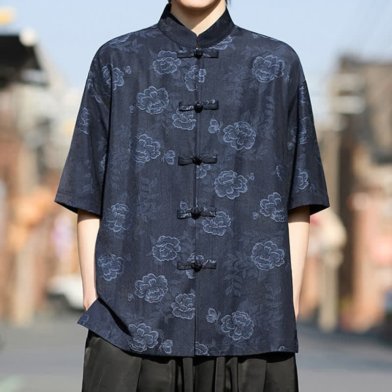 Nimara Ritual Retro Frog Buttons Mandarin Collar Floral Jacquard Men's Short Sleeve Shirt