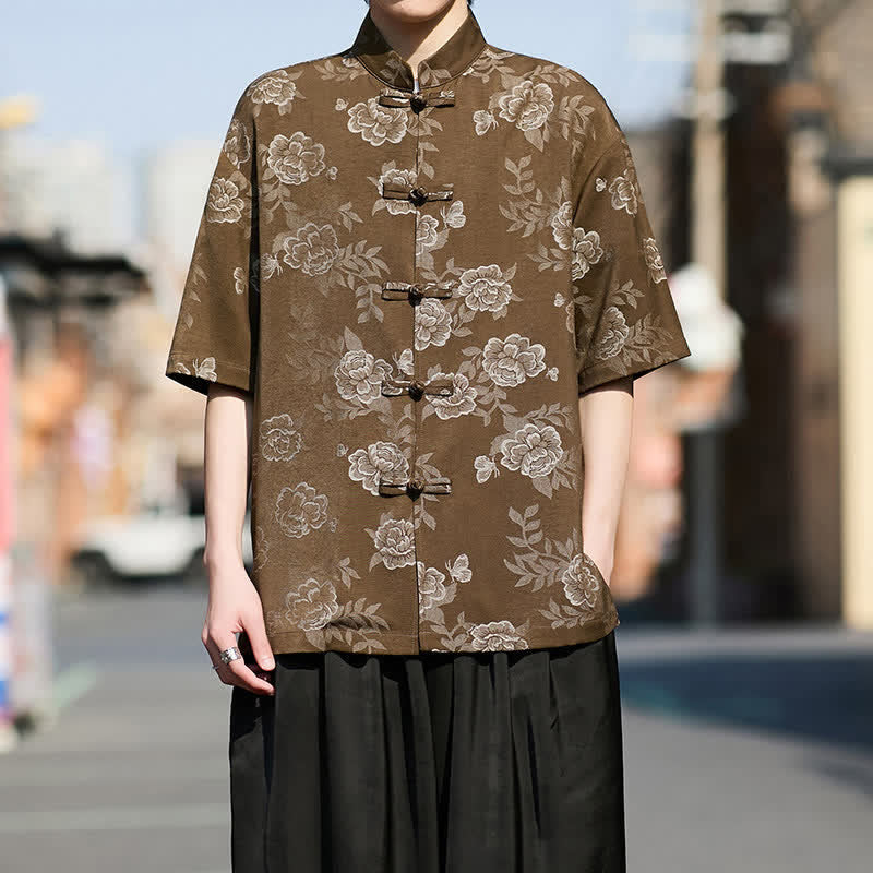 Nimara Ritual Retro Frog Buttons Mandarin Collar Floral Jacquard Men's Short Sleeve Shirt