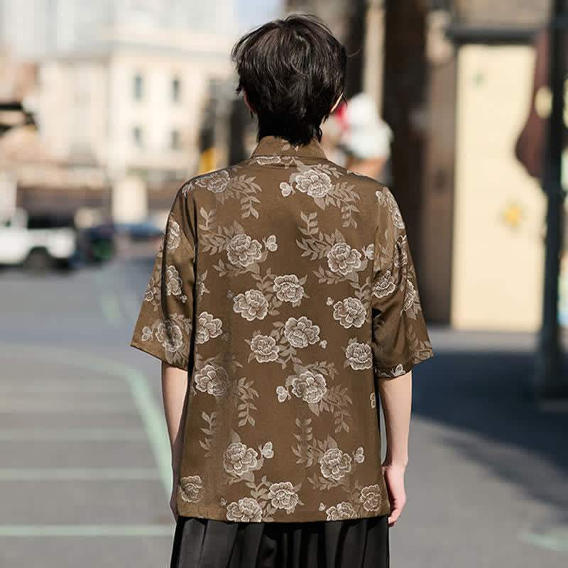 Nimara Ritual Retro Frog Buttons Mandarin Collar Floral Jacquard Men's Short Sleeve Shirt