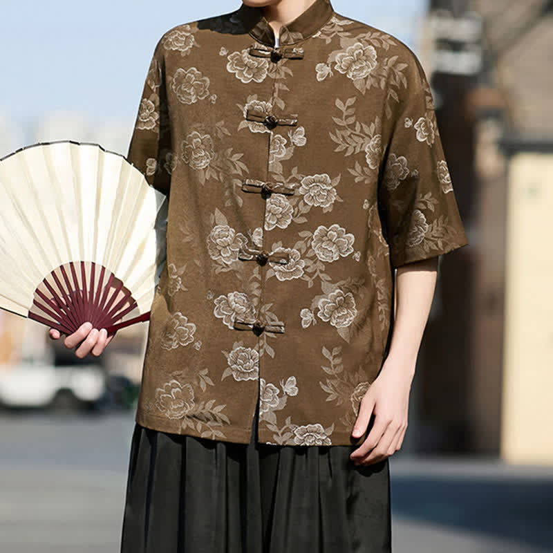 Nimara Ritual Retro Frog Buttons Mandarin Collar Floral Jacquard Men's Short Sleeve Shirt