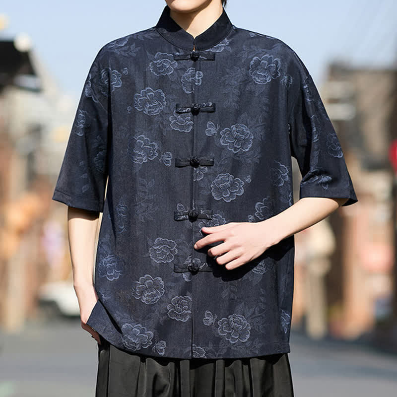 Nimara Ritual Retro Frog Buttons Mandarin Collar Floral Jacquard Men's Short Sleeve Shirt