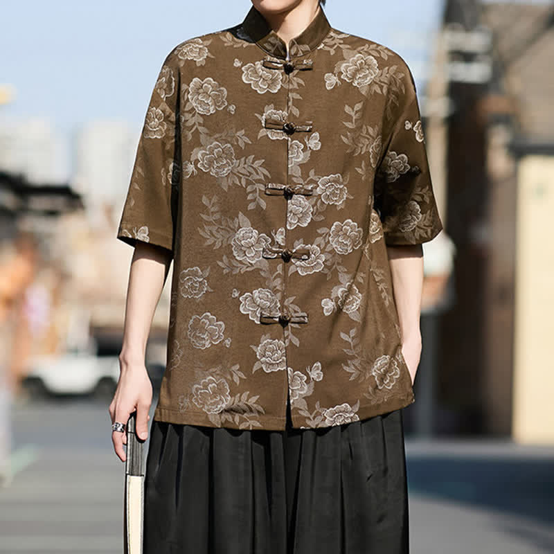 Nimara Ritual Retro Frog Buttons Mandarin Collar Floral Jacquard Men's Short Sleeve Shirt