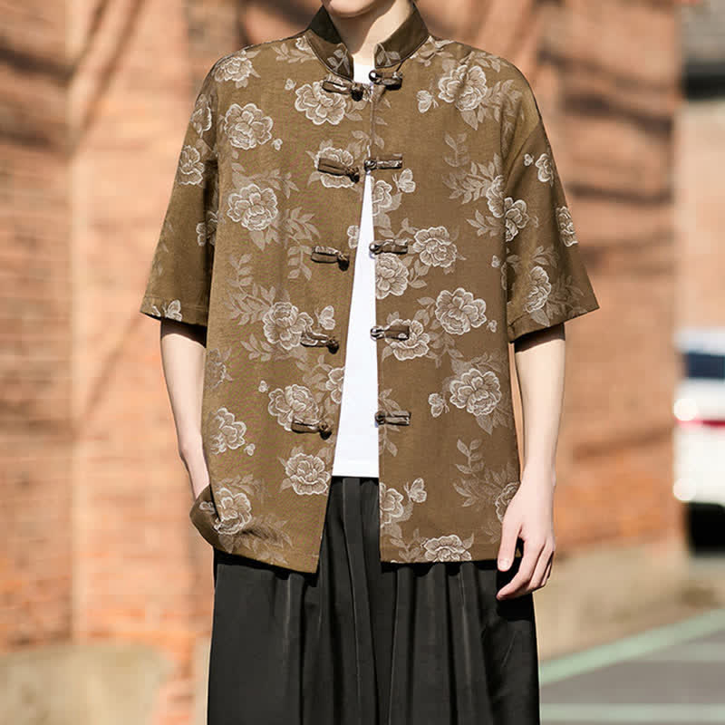 Nimara Ritual Retro Frog Buttons Mandarin Collar Floral Jacquard Men's Short Sleeve Shirt
