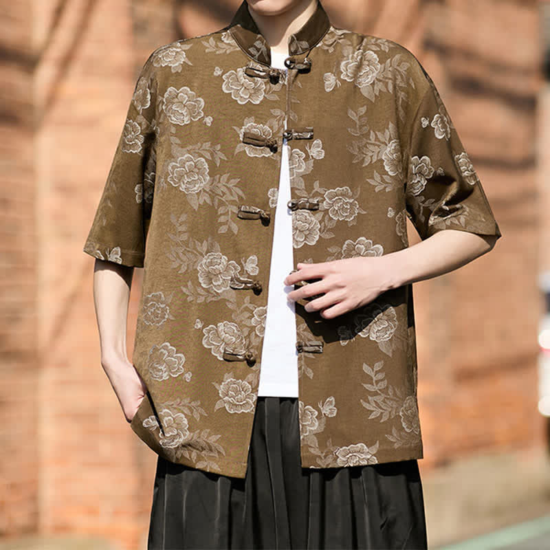 Nimara Ritual Retro Frog Buttons Mandarin Collar Floral Jacquard Men's Short Sleeve Shirt