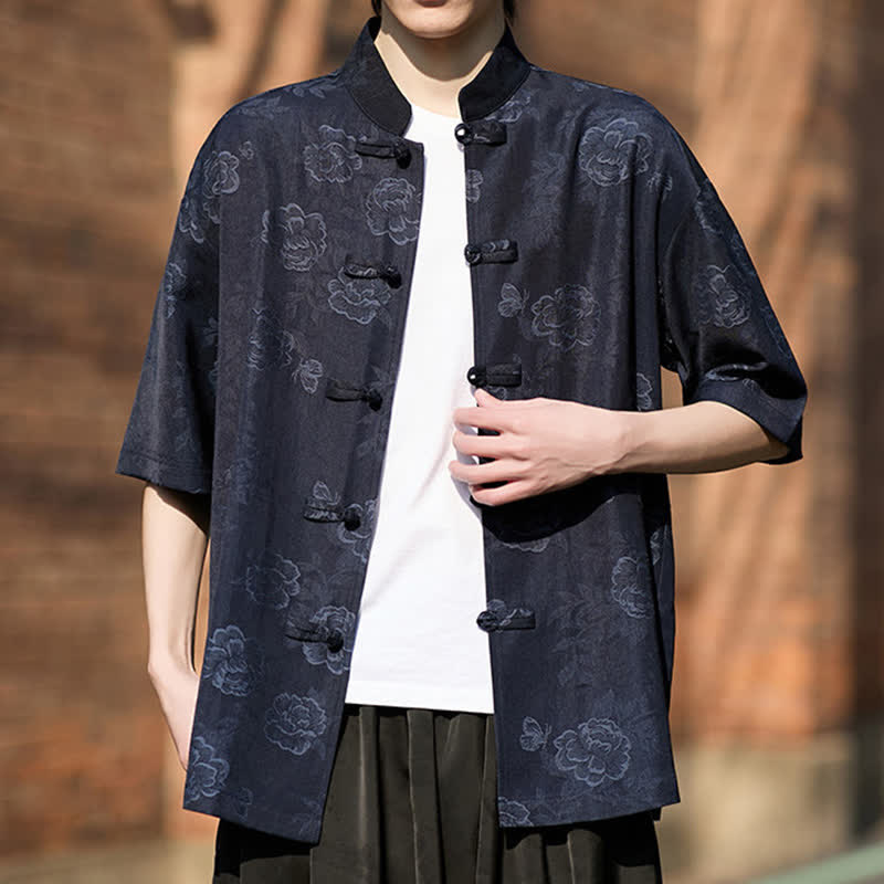 Nimara Ritual Retro Frog Buttons Mandarin Collar Floral Jacquard Men's Short Sleeve Shirt