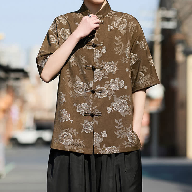 Nimara Ritual Retro Frog Buttons Mandarin Collar Floral Jacquard Men's Short Sleeve Shirt
