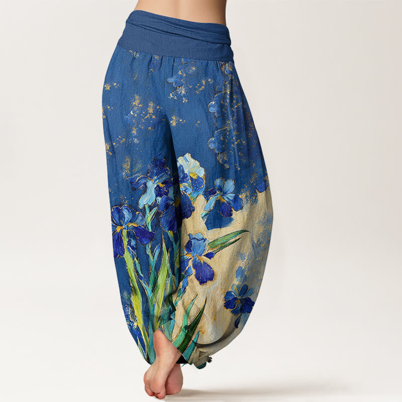 Nimara Ritual Irises Pattern Pure Cotton Women's Elastic Waist Harem Pants