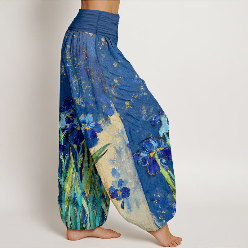 Nimara Ritual Irises Pattern Pure Cotton Women's Elastic Waist Harem Pants