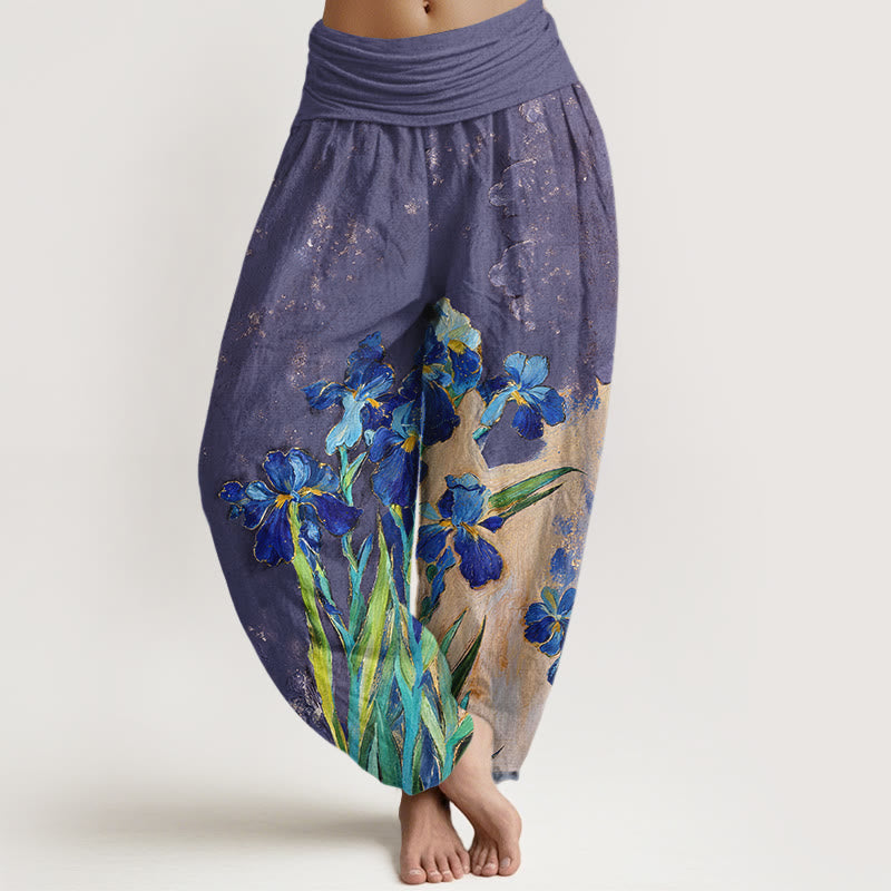 Nimara Ritual Irises Pattern Pure Cotton Women's Elastic Waist Harem Pants