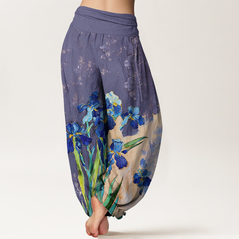 Nimara Ritual Irises Pattern Pure Cotton Women's Elastic Waist Harem Pants