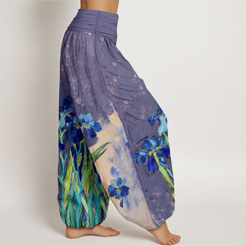 Nimara Ritual Irises Pattern Pure Cotton Women's Elastic Waist Harem Pants