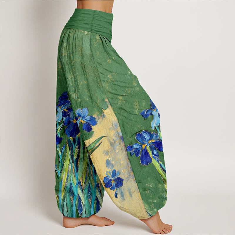 Nimara Ritual Irises Pattern Pure Cotton Women's Elastic Waist Harem Pants