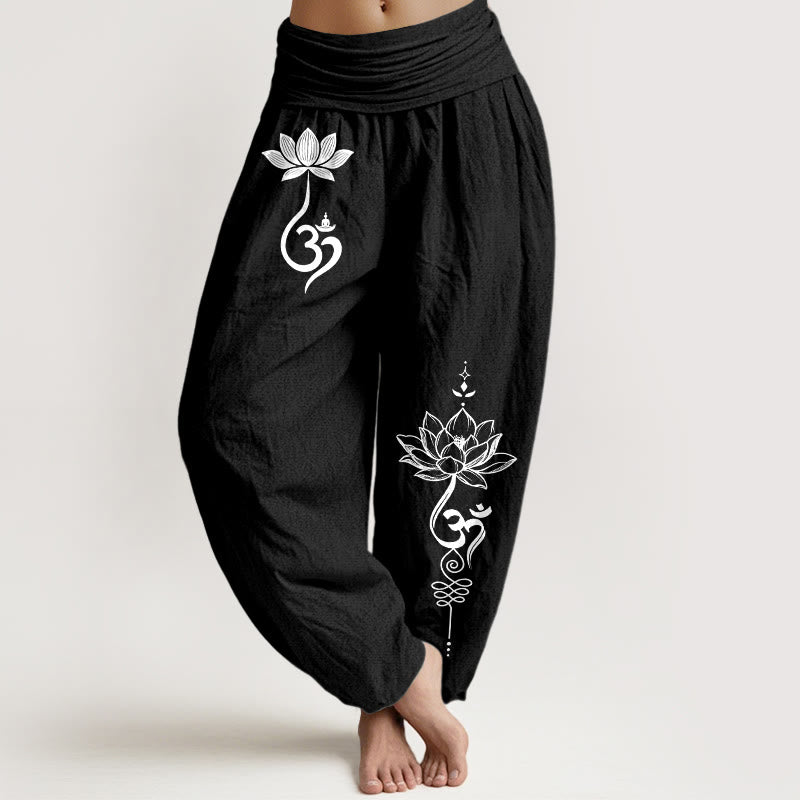 Nimara Ritual Cotton Lotus Flower Om Pattern Women's Elastic Waist Harem Pants
