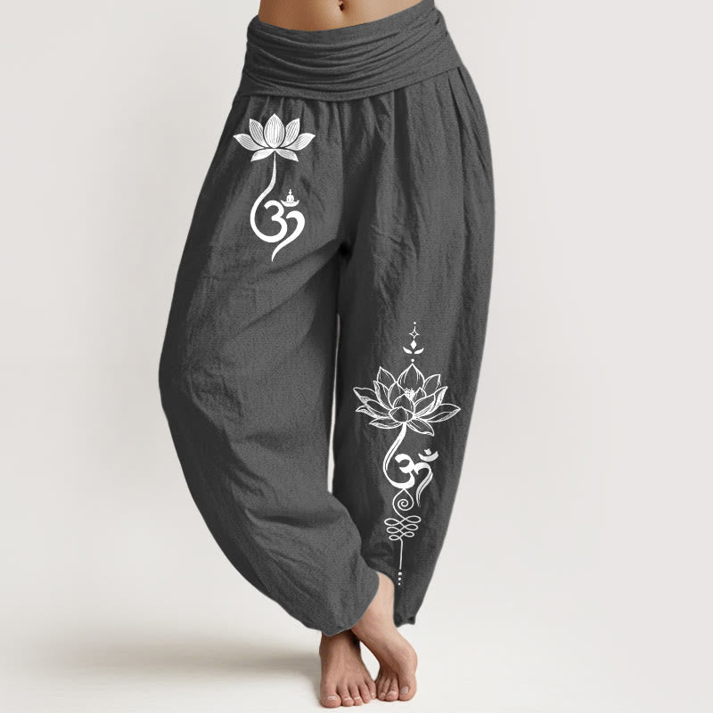 Nimara Ritual Cotton Lotus Flower Om Pattern Women's Elastic Waist Harem Pants
