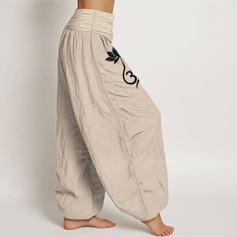 Nimara Ritual Cotton Lotus Flower Om Pattern Women's Elastic Waist Harem Pants