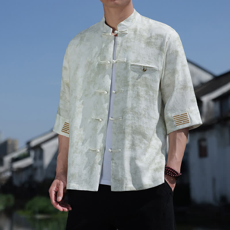 Nimara Ritual Frog-Button Mottled Pattern Embroidery Short Sleeve Tang Suit Men's Linen Shirt