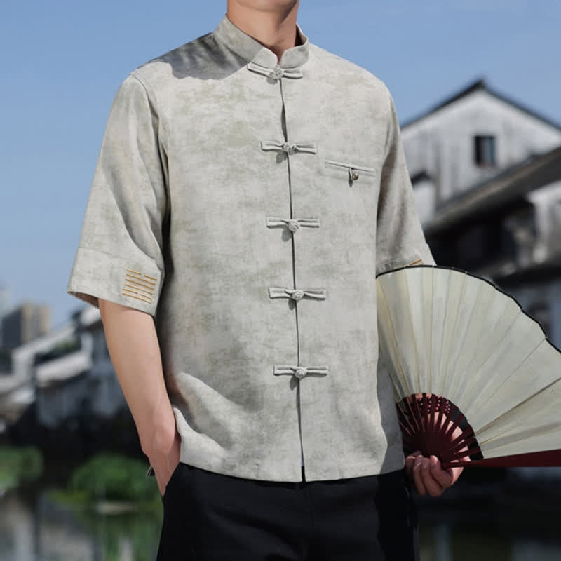 Nimara Ritual Frog-Button Mottled Pattern Embroidery Short Sleeve Tang Suit Men's Linen Shirt