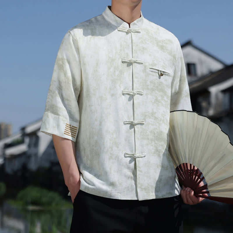 Nimara Ritual Frog-Button Mottled Pattern Embroidery Short Sleeve Tang Suit Men's Linen Shirt