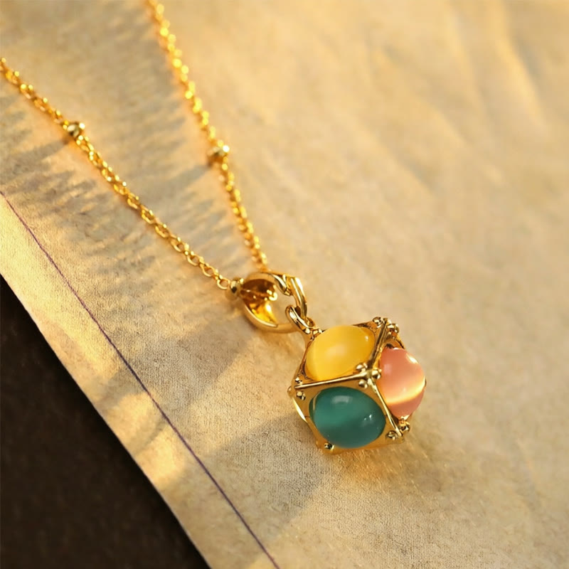 Nimara Ritual Multicolored Cat's Eye Inlaid Design Cube Protection Necklace Pendant