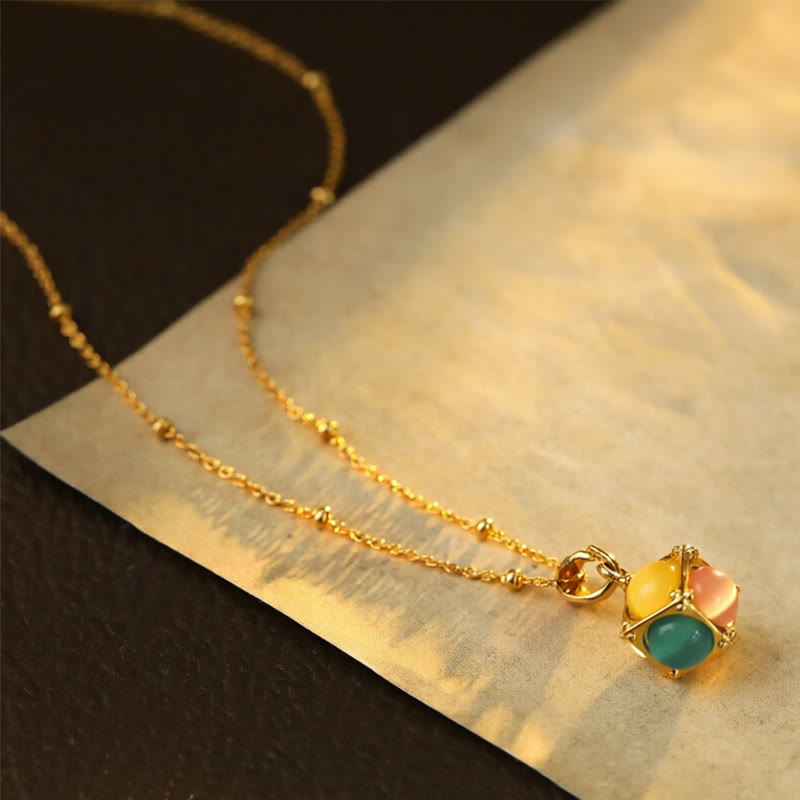 Nimara Ritual Multicolored Cat's Eye Inlaid Design Cube Protection Necklace Pendant