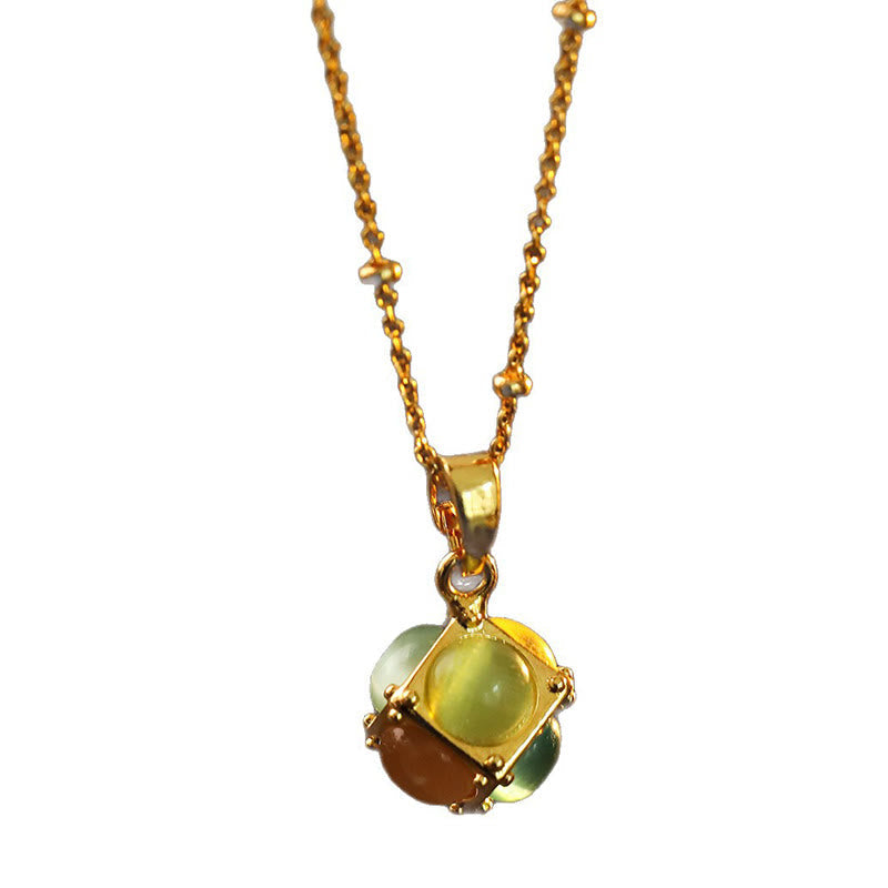 Nimara Ritual Multicolored Cat's Eye Inlaid Design Cube Protection Necklace Pendant