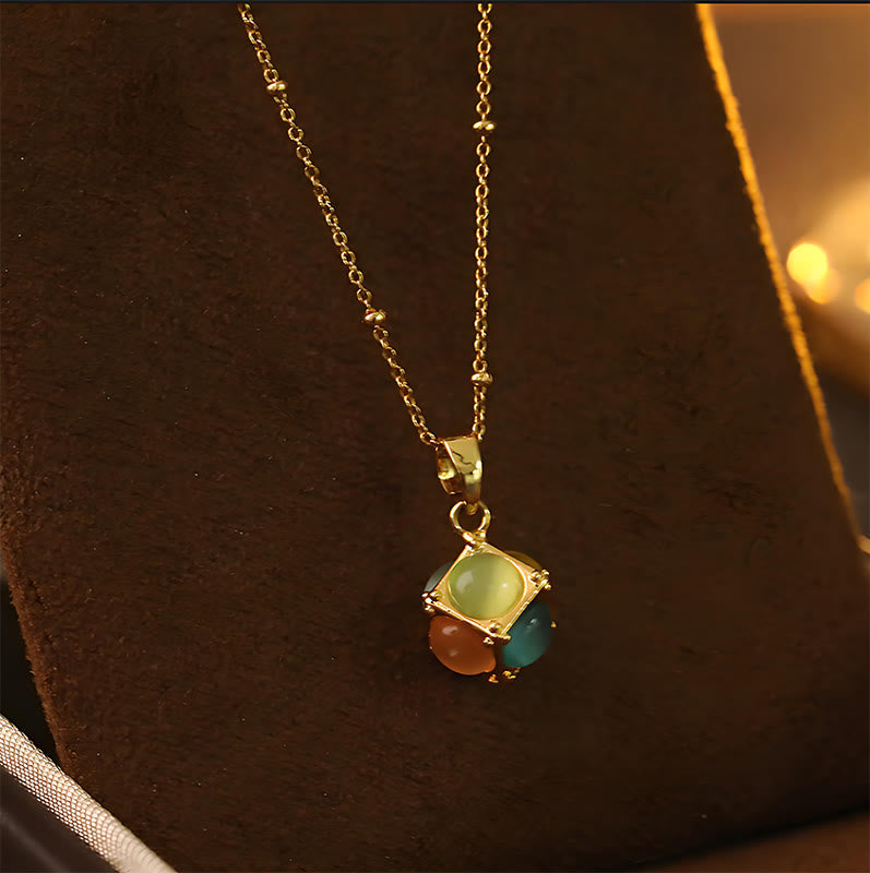 Nimara Ritual Multicolored Cat's Eye Inlaid Design Cube Protection Necklace Pendant