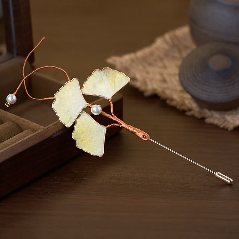 Nimara Ritual Handcrafted Silk Art Velvet Flower Ginkgo Leaf Brooch