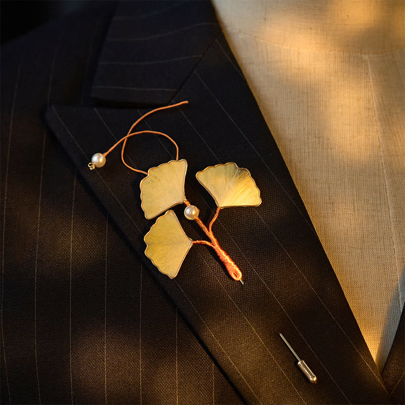 Nimara Ritual Handcrafted Silk Art Velvet Flower Ginkgo Leaf Brooch